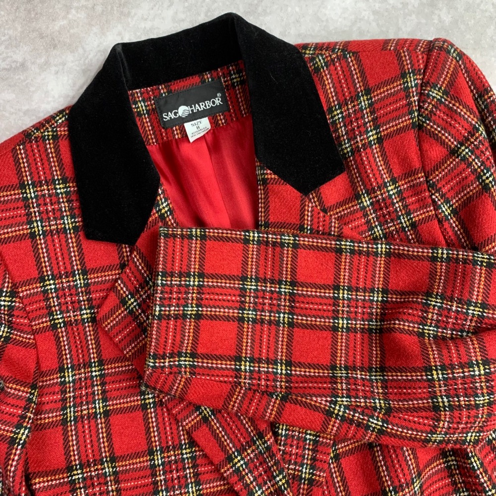 Sag Harbor Womens Red Plaid Wool Blend Blazer Velvet Collar Size 8 S